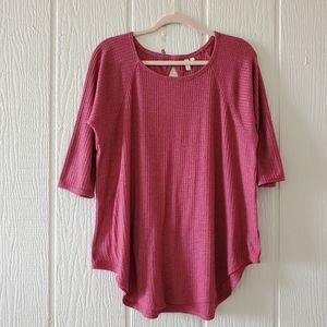 Anthropologie PURE+GOOD Waffle Weave Thermal Top 3/4 Sleeve Keyhole Berry Medium